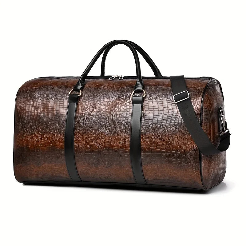 Crocodile-Textured Leather Duffle Bag – Large Capacity Travel & Gym Bag