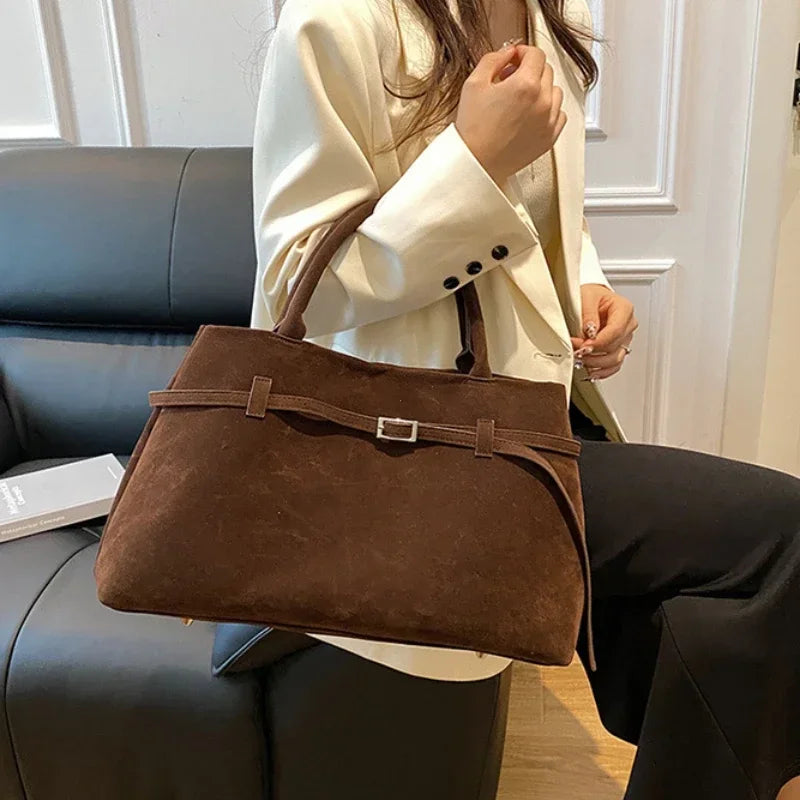 Faux Suede Tote Bag Large Capacity Buckle Handbag for Women