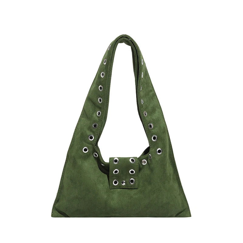 Suede Shoulder Bag – Women's Retro Hobo Bag with Eyelet Detail