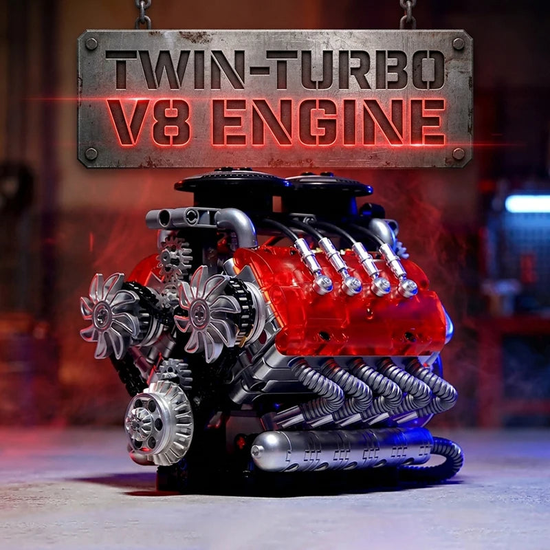 MOC Twin Turbo V8 Engine Building Blocks – Motorized Technical Set