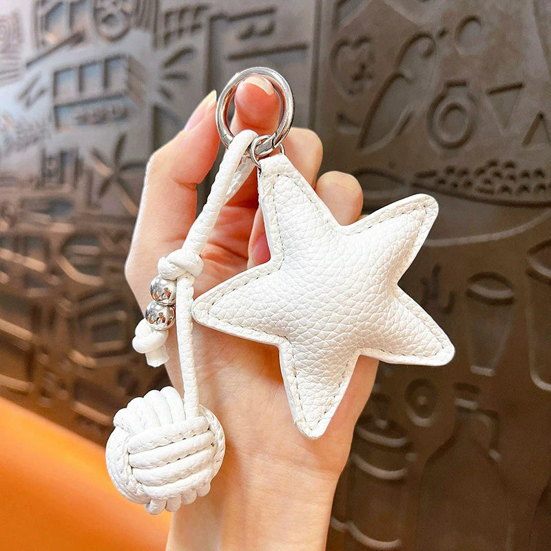 Star Leather Keychain Bag Charm with Woven Ball