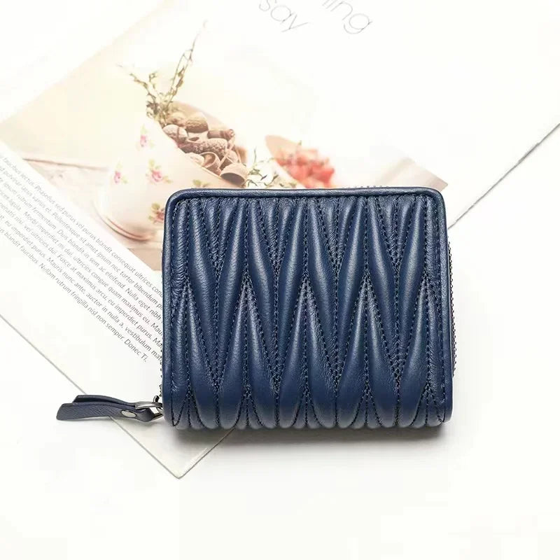 Genuine Lambskin Leather Short Wallet for Women – Quilted Zip Purse