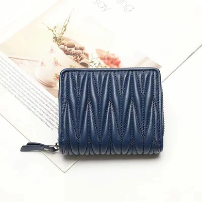Genuine Lambskin Leather Short Wallet for Women – Quilted Zip Purse