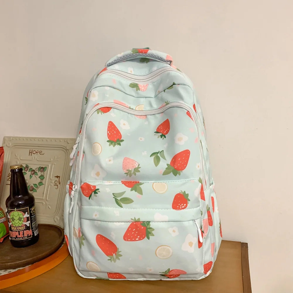 Strawberry Print Nylon Backpack – Cute Lightweight School Bag