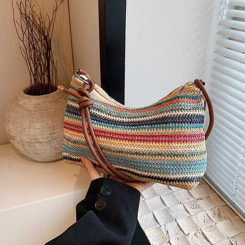 Bohemian Straw Crossbody Bag – Woven Beach Shoulder Bag for Women