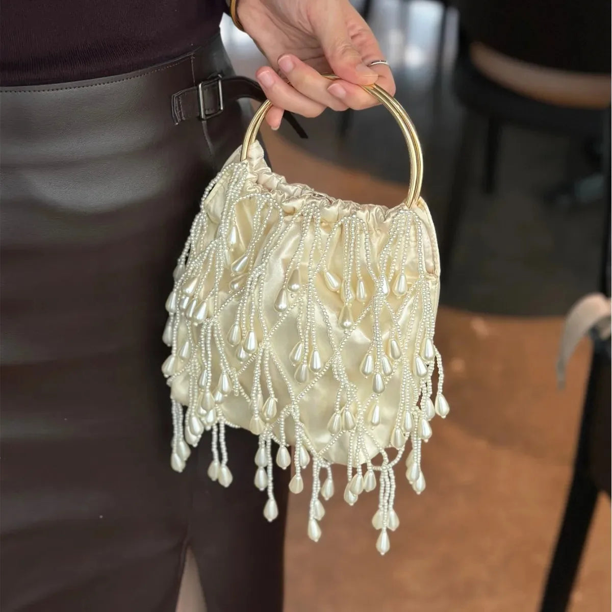 Pearl Beaded Fringe Evening Bag – Luxury Satin Handbag for Wedding & Party