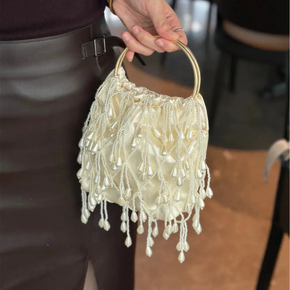 Pearl Beaded Fringe Evening Bag – Luxury Satin Handbag for Wedding & Party