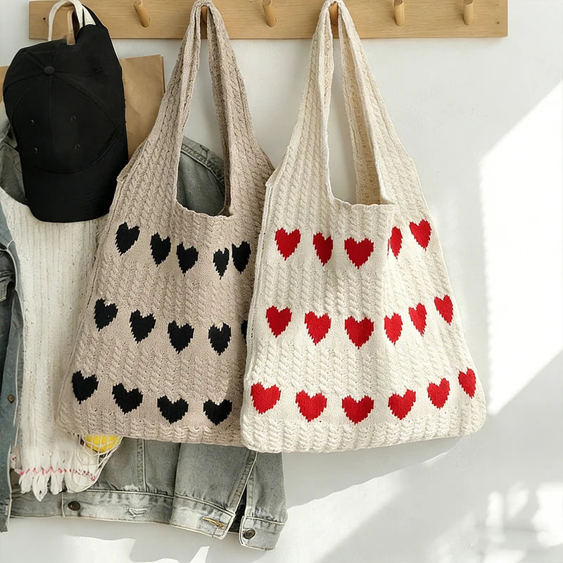 Knitted Heart Pattern Shoulder Tote Bag for Women