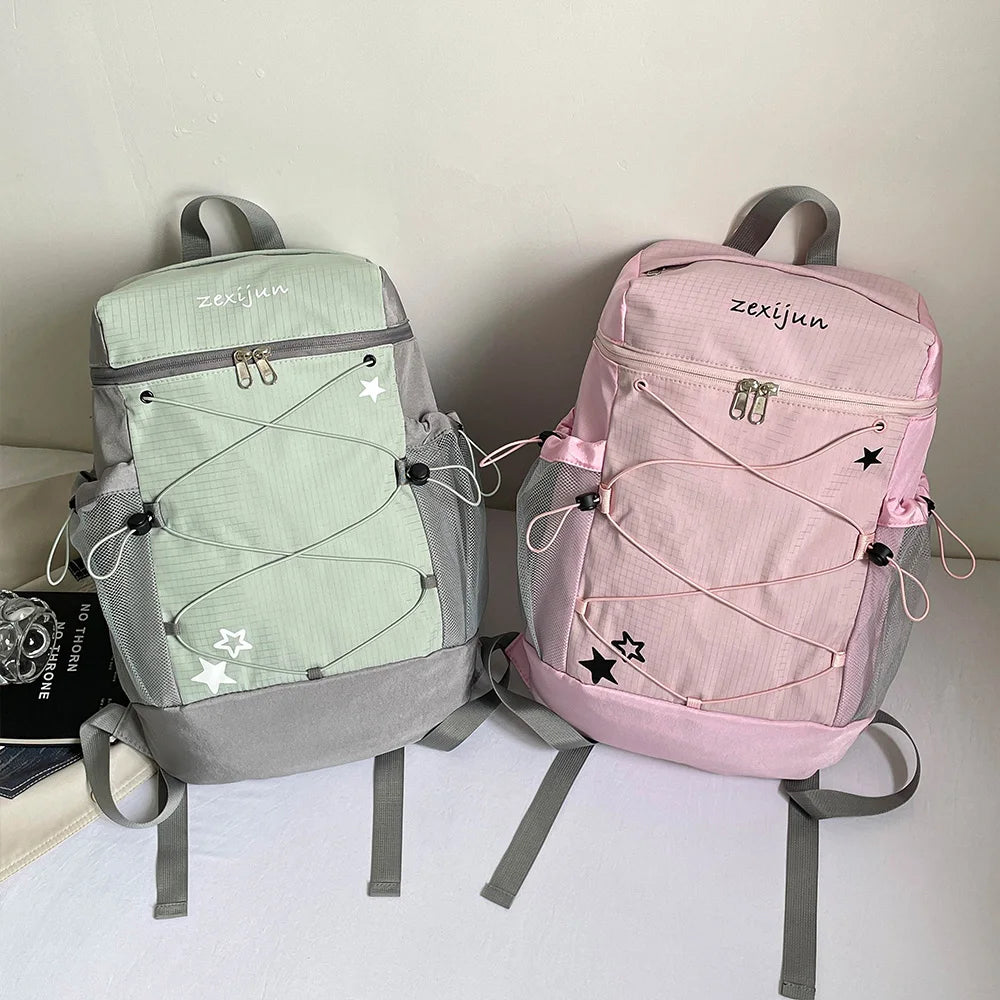 Star Print Nylon School Backpack with Bungee Cord