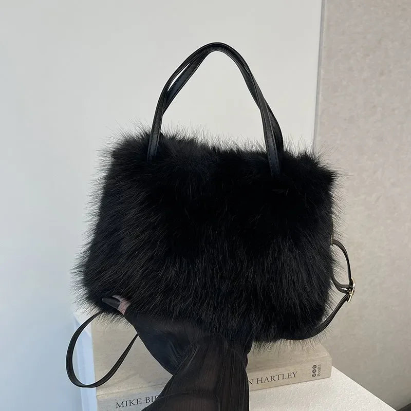 Faux Fur Plush Crossbody Bag – Korean Style Pearl Chain Handbag
