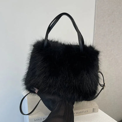 Faux Fur Plush Crossbody Bag – Korean Style Pearl Chain Handbag
