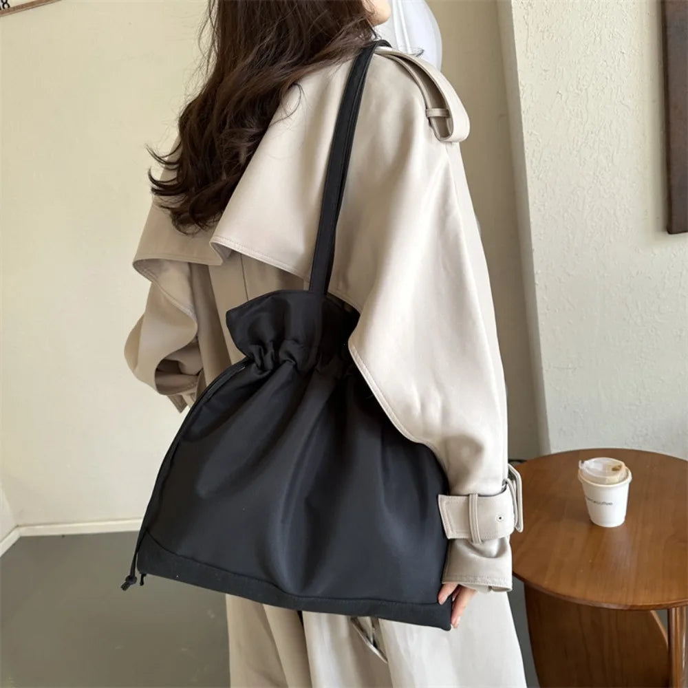 Large Nylon Bucket Bag Women's Casual Drawstring Shoulder Handbag