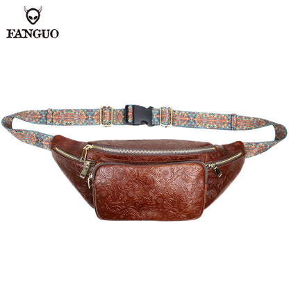 Genuine Leather Fanny Pack for Men – Floral Embossed Travel Waist Bag