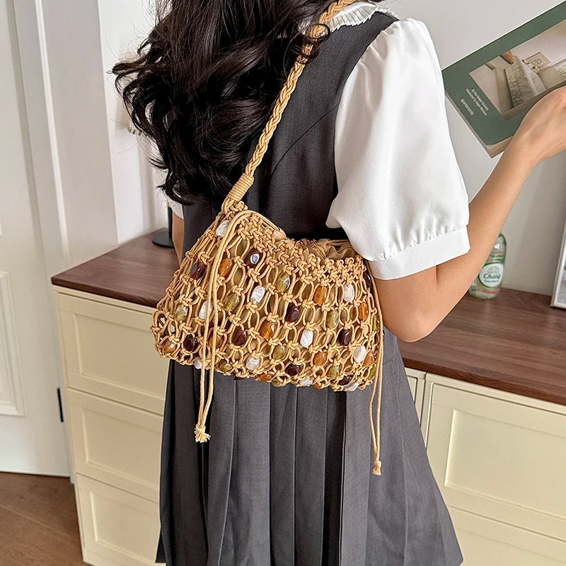 Moods Woven Design Drawstring Shoulder Bucket Bags Women Stone Beads Decor Phone Net Bag Trends