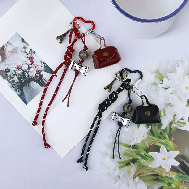 Braided Rope Bag Charm Keychain with Mini Bag & Charms