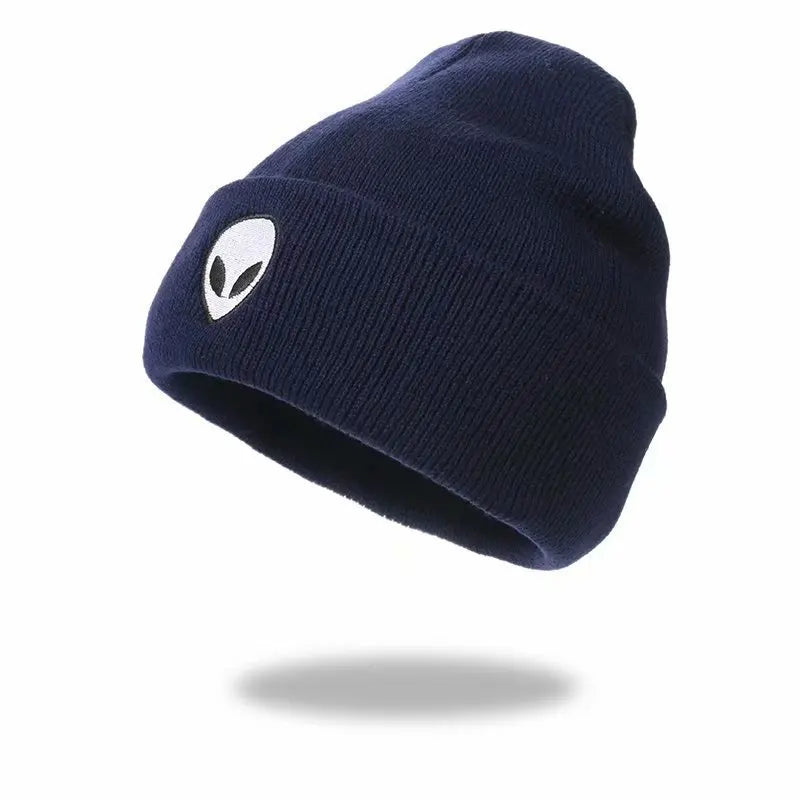 Knitted Beanie Hat with Alien Ghost Skull Embroidery