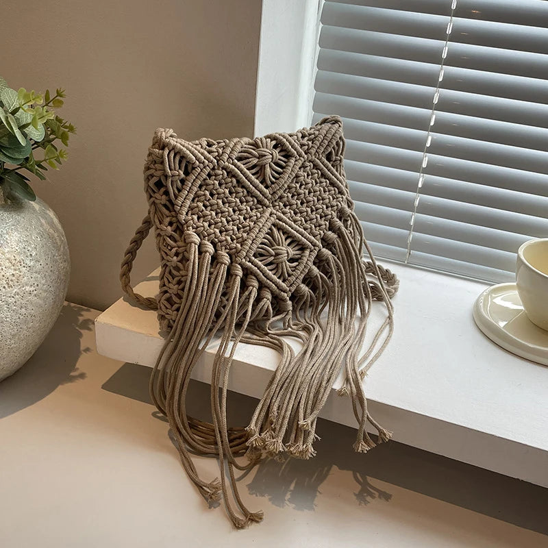 Macrame Tassel Crossbody Bag for Women – Woven Beach Bag