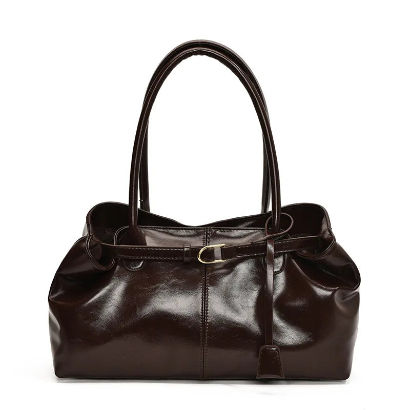 Vintage Leather Shoulder Tote Bag for Women – Large Capacity
