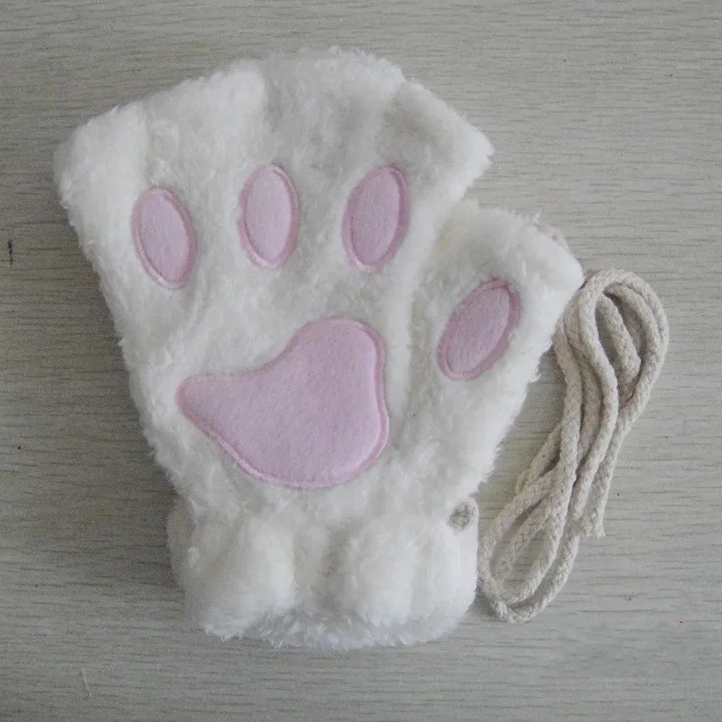 Winter Gloves Women Bear Plush Cat Paw Claw Cute Kitten Fingerless Mittens Christmas Halloween Girls
