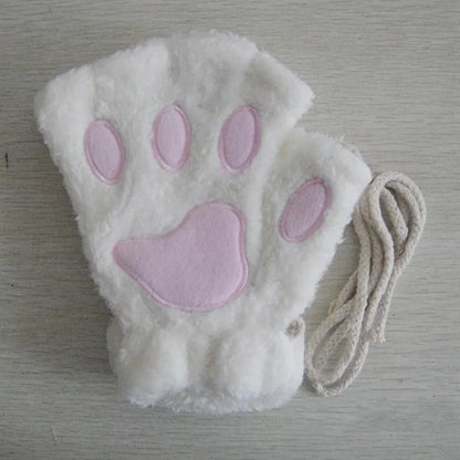 Winter Gloves Women Bear Plush Cat Paw Claw Cute Kitten Fingerless Mittens Christmas Halloween Girls