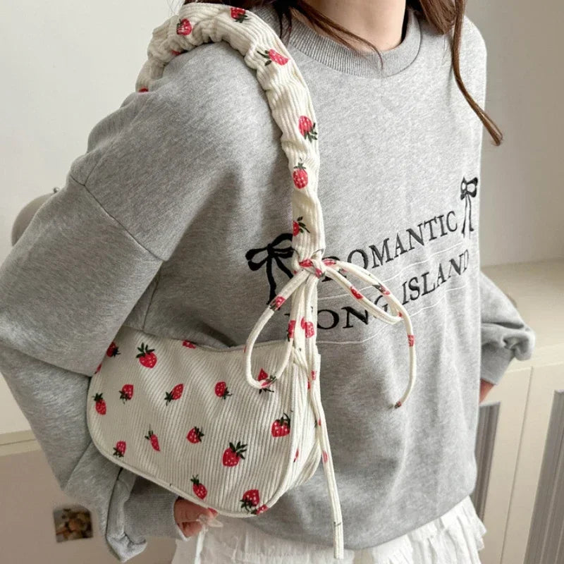 Strawberry Print Corduroy Shoulder Bag – Cute Women's Underarm Tote