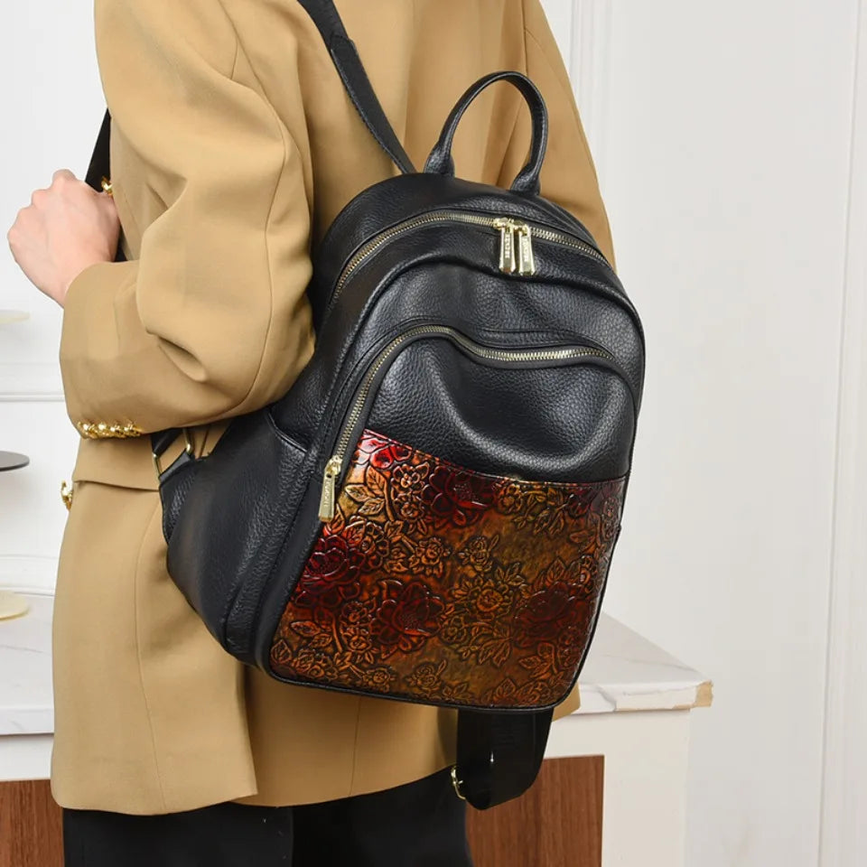 Floral Embossed Leather Backpack for Women – Large Capacity