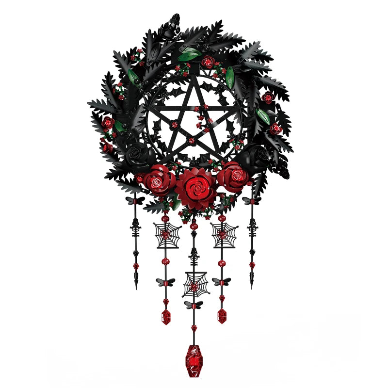 Gothic Black Rose Wreath MOC Building Blocks – 1300pcs Botanical Wall Decor