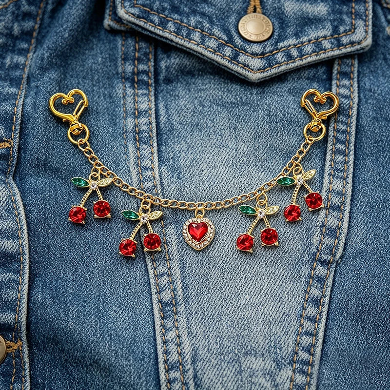 Cherry & Heart Bag Charm – Glass Stone Chain Jewelry Pendant