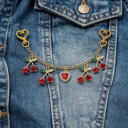 Cherry & Heart Bag Charm – Glass Stone Chain Jewelry Pendant
