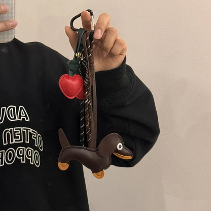 Cute Leather Dachshund Bag Charm Keychain with Cherry & Tassel