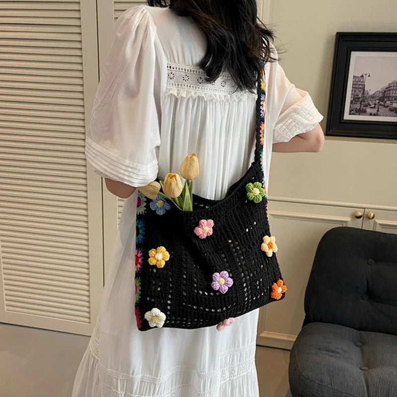 Crochet Flower Tote Bag – Large Capacity Knit Shoulder Bag