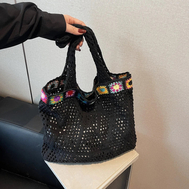 Bohemian Crochet Beach Tote Bag with Colorful Floral Trim