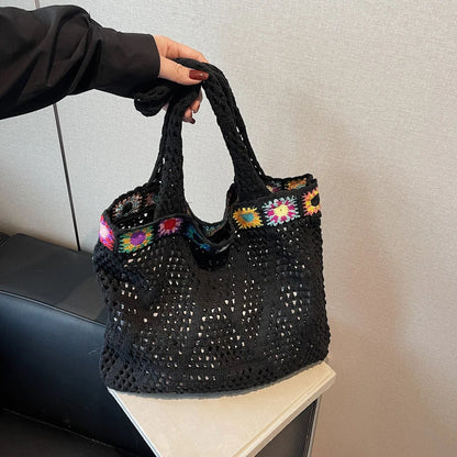 Bohemian Crochet Beach Tote Bag with Colorful Floral Trim