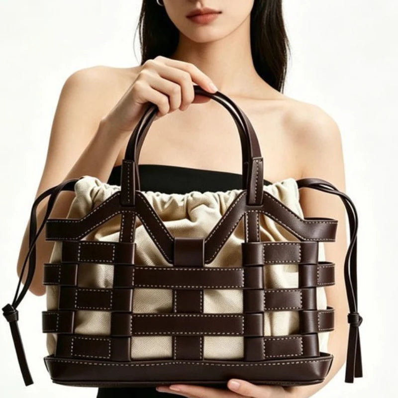 Woven Leather Basket Tote Bag – Women's Drawstring Handbag