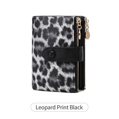 Leopard Print Women's Wallet – Triple Layer Card Holder & Double Zipper Coin Purse