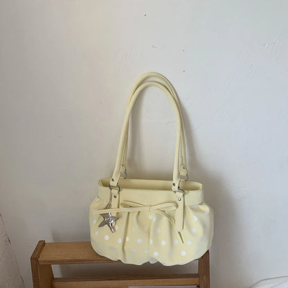 Polka Dot Ruched Hobo Bag – Large Shoulder Bag with Star Charm