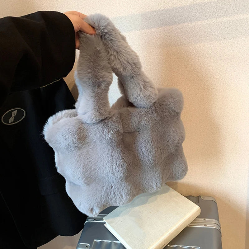Fluffy Plush Tote Bag – Women's Faux Fur Top-Handle Handbag