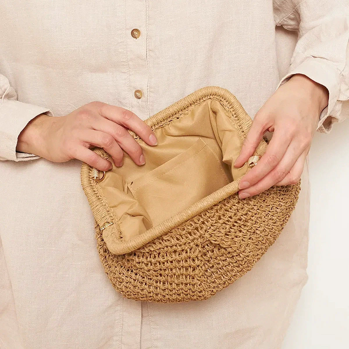 Straw Woven Pillow Clutch Bag – Gold Chain Shoulder Bag Women