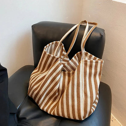 Striped Canvas Tote Bag – Large Capacity Women's Shoulder Bag