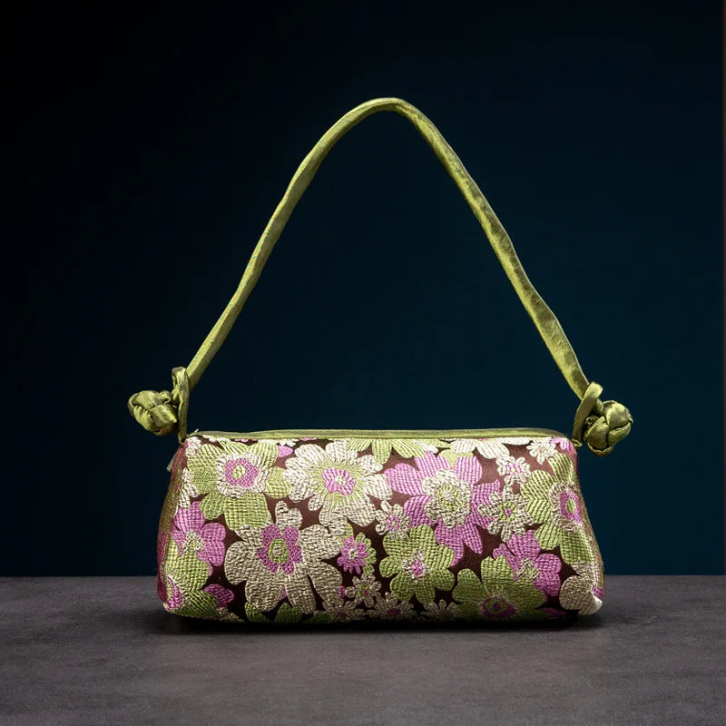 Silk Embroidered Shoulder Bag – Floral Satin Handbag
