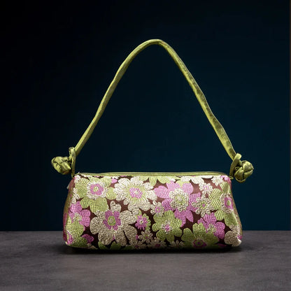 Silk Embroidered Shoulder Bag – Floral Satin Handbag