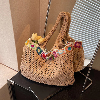 Bohemian Crochet Beach Tote Bag with Colorful Floral Trim