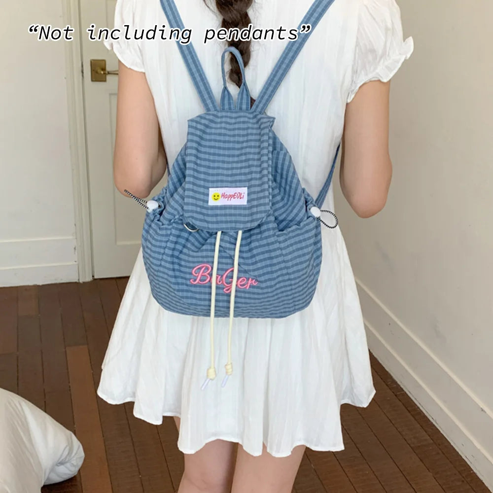 Mini Drawstring Backpack – Plaid Embroidery Casual Daypack