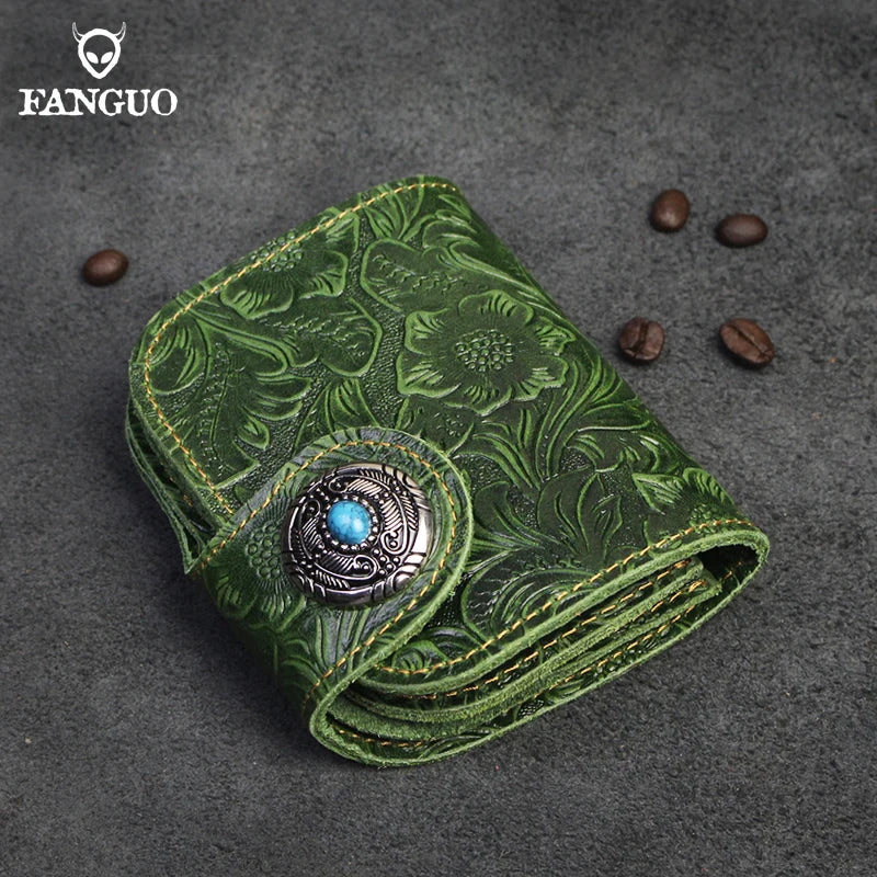 Handmade Genuine Leather Short Wallet – Floral Embossed Men's Bifold