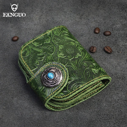 Handmade Genuine Leather Short Wallet – Floral Embossed Men's Bifold
