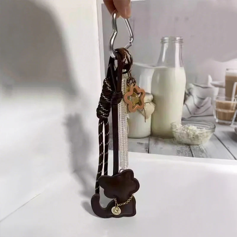 Leather Cat Keychain Charm with Bell & Star Pendant