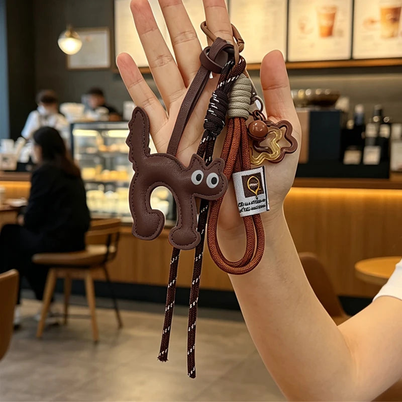 Cat Leather Keychain Charm – Cute Bag Pendant with Rope Lanyard