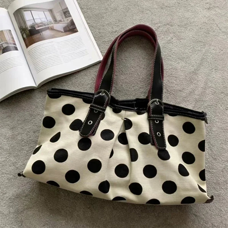 Y2K Polka Dot Shoulder Bag – Retro Satin Tote Handbag