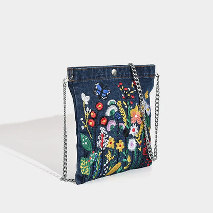 Embroidered Floral Denim Crossbody Bag – Women's Chain Shoulder Bag