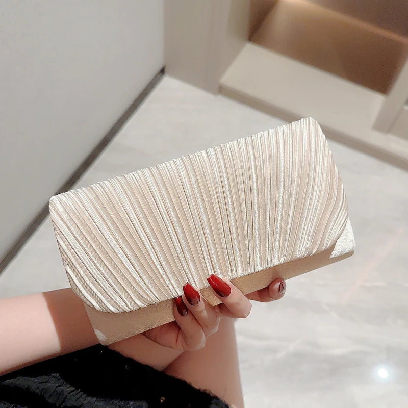 Satin Evening Clutch Bag for Women – Pleated Rhinestone Wedding Purse